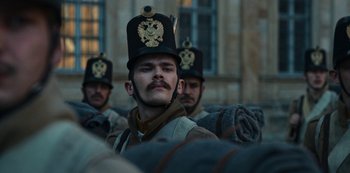 Movie still from “The Empress” (2022), created by Katharina Eyssen – A group of men in military uniforms standing next to each other; Close Up shot, Low angle