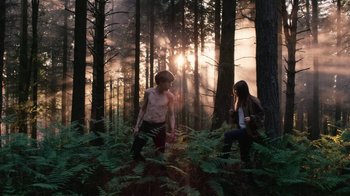 Movie still from “The End of the F***ing World” (2017), directed by Jonathan Entwistle – A man and a woman walking through a forest; Wide shot, Low angle