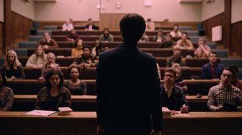 Movie still from “The End of the F***ing World” (2017), directed by Jonathan Entwistle – A man standing in front of a group of people in an auditorium; Wide shot, Low angle
