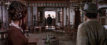 Movie still from “Once Upon a Time in the West” (1968), directed by Sergio Leone – Wide shot, Low angle