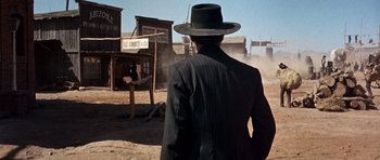 Movie still from “Once Upon a Time in the West” (1968), directed by Sergio Leone – Wide shot, Low angle