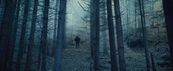 Movie still from “The Expendables 2” (2012), directed by Simon West – A person walking through the woods on a foggy day; Extreme Wide shot, High angle