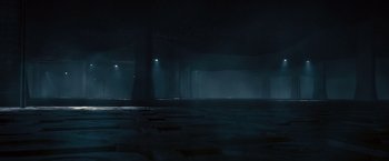 Movie still from “The Expendables 2” (2012), directed by Simon West – A dark room with lights on and a floor covered in fog; Extreme Wide shot, Low angle