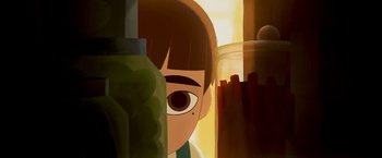 Movie still from “My Father's Dragon” (2022), directed by Nora Twomey – A person's face with a jar in front of them; Extreme Close Up shot, Over the shoulder angle