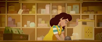 Movie still from “My Father's Dragon” (2022), directed by Nora Twomey – An animated woman in a room with shelves of boxes; Close Up shot, Low angle