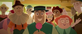 Movie still from “My Father's Dragon” (2022), directed by Nora Twomey – An animated character holding a lollipop in front of a crowd; Extreme Close Up shot, Low angle