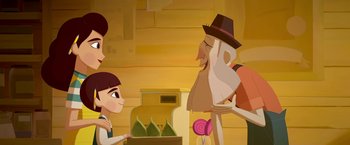 Movie still from “My Father's Dragon” (2022), directed by Nora Twomey – An animated picture of a man and a woman; Medium shot, Over the shoulder angle