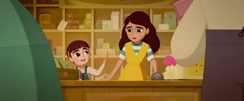 Movie still from “My Father's Dragon” (2022), directed by Nora Twomey – An animated scene of a woman and a child; Medium shot, Over the shoulder angle