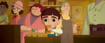 Movie still from “My Father's Dragon” (2022), directed by Nora Twomey – An animated picture of a boy drinking from a cup; Medium shot, Over the shoulder angle