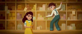 Movie still from “My Father's Dragon” (2022), directed by Nora Twomey – A man and a woman are standing in front of shelves; Medium shot, Over the shoulder angle