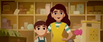 Movie still from “My Father's Dragon” (2022), directed by Nora Twomey – An illustration of a woman and a child; Medium shot, Low angle