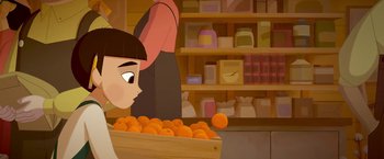 Movie still from “My Father's Dragon” (2022), directed by Nora Twomey – An illustration of a woman looking at a bowl of oranges; Close Up shot, Over the shoulder angle
