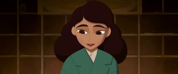 Movie still from “My Father's Dragon” (2022), directed by Nora Twomey – An animated picture of a woman in a green jacket; Close Up shot, High angle