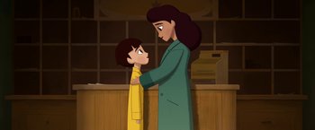 Movie still from “My Father's Dragon” (2022), directed by Nora Twomey – An animated picture of a woman and a child; Medium shot, Low angle