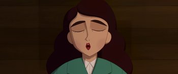 Movie still from “My Father's Dragon” (2022), directed by Nora Twomey – An animated picture of a woman with her eyes closed; Close Up shot, Low angle