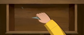 Movie still from “My Father's Dragon” (2022), directed by Nora Twomey – An animated hand holding a paper airplane; Extreme Close Up shot, Overhead angle