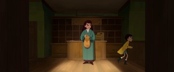 Movie still from “My Father's Dragon” (2022), directed by Nora Twomey – An animated woman standing in front of a counter holding a bag; Wide shot, Low angle
