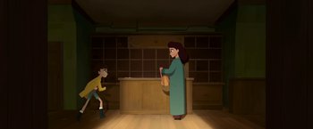 Movie still from “My Father's Dragon” (2022), directed by Nora Twomey – An animated scene of a woman and a boy in front of a counter; Wide shot, High angle