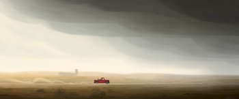 Movie still from “My Father's Dragon” (2022), directed by Nora Twomey – A red pickup truck driving on a dirt road; Extreme Wide shot, Low angle