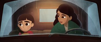 Movie still from “My Father's Dragon” (2022), directed by Nora Twomey – A woman and a boy are sitting in a car; Medium shot, Over the shoulder angle