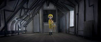 Movie still from “My Father's Dragon” (2022), directed by Nora Twomey – An animated character is standing in a dimly - lit room; Wide shot, High angle