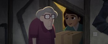 Movie still from “My Father's Dragon” (2022), directed by Nora Twomey – An old man and a young girl are looking at each other; Medium shot, Over the shoulder angle