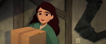 Movie still from “My Father's Dragon” (2022), directed by Nora Twomey – A woman holding a cardboard box in her hands; Close Up shot, High angle