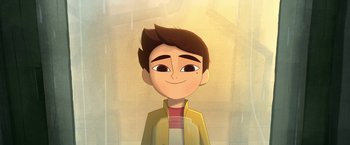 Movie still from “My Father's Dragon” (2022), directed by Nora Twomey – A cartoon of a young man with brown hair and brown eyes; Close Up shot, Overhead angle