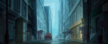 Movie still from “My Father's Dragon” (2022), directed by Nora Twomey – An illustration of a city street with a red truck and some people walking down the street with an umbrella; Extreme Wide shot, Low angle