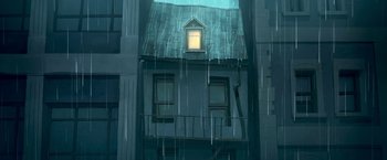 Movie still from “My Father's Dragon” (2022), directed by Nora Twomey – A building with a window in the middle of the night; Extreme Wide shot, Low angle