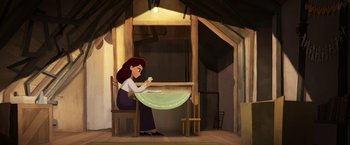 Movie still from “My Father's Dragon” (2022), directed by Nora Twomey – A woman sitting at a table in a room; Wide shot, Low angle