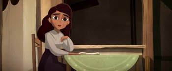 Movie still from “My Father's Dragon” (2022), directed by Nora Twomey – An animated woman sitting in front of a table; Medium shot, Over the shoulder angle