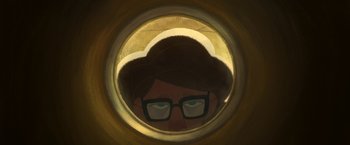 Movie still from “My Father's Dragon” (2022), directed by Nora Twomey – A man with glasses is looking through a round window; Extreme Close Up shot, High angle