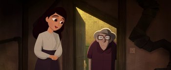 Movie still from “My Father's Dragon” (2022), directed by Nora Twomey – An old man and a young woman standing in front of a door; Medium shot, Over the shoulder angle