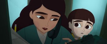 Movie still from “My Father's Dragon” (2022), directed by Nora Twomey – An animated woman is talking on the phone; Close Up shot, High angle