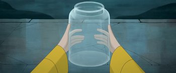 Movie still from “My Father's Dragon” (2022), directed by Nora Twomey – A person is holding a glass jar in their hands; Close Up shot, High angle