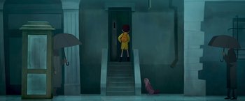 Movie still from “My Father's Dragon” (2022), directed by Nora Twomey – A girl in a yellow raincoat standing at the top of a set of stairs; Extreme Wide shot, High angle