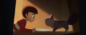 Movie still from “My Father's Dragon” (2022), directed by Nora Twomey – A girl and a cat are staring at each other; Medium shot, Over the shoulder angle