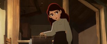 Movie still from “My Father's Dragon” (2022), directed by Nora Twomey – A woman standing next to an object in a dark room; Medium shot, Low angle