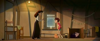 Movie still from “My Father's Dragon” (2022), directed by Nora Twomey – An animated scene of a woman and a boy in a room; Wide shot, High angle