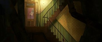 Movie still from “My Father's Dragon” (2022), directed by Nora Twomey – A painting of a staircase in a house; Wide shot, High angle