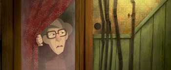 Movie still from “My Father's Dragon” (2022), directed by Nora Twomey – An old woman with a red hat and a red umbrella in front of a door; Close Up shot, Over the shoulder angle