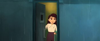 Movie still from “My Father's Dragon” (2022), directed by Nora Twomey – An animated woman is standing in a doorway; Medium shot, Low angle