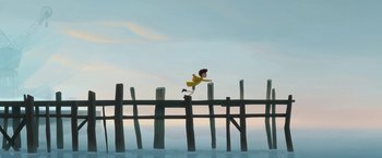 Movie still from “My Father's Dragon” (2022), directed by Nora Twomey – A girl is jumping over a wooden fence; Extreme Wide shot, Overhead angle