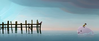Movie still from “My Father's Dragon” (2022), directed by Nora Twomey – A bird sitting on top of a wooden pier; Extreme Wide shot, Low angle