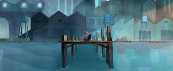 Movie still from “My Father's Dragon” (2022), directed by Nora Twomey – A cat sitting on top of a wooden dock; Extreme Wide shot, High angle