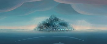 Movie still from “My Father's Dragon” (2022), directed by Nora Twomey – An artistic painting of a city at night; Extreme Wide shot, Low angle