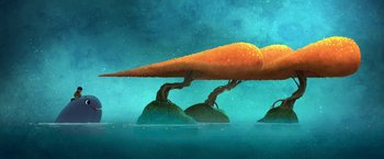 Movie still from “My Father's Dragon” (2022), directed by Nora Twomey – An orange tree on top of an island in the middle of the ocean; Extreme Wide shot, Low angle