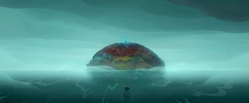 Movie still from “My Father's Dragon” (2022), directed by Nora Twomey – A man standing in the middle of the ocean looking out at an island in the middle of the ocean; Extreme Wide shot, High angle