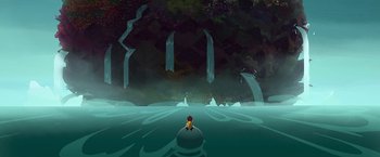 Movie still from “My Father's Dragon” (2022), directed by Nora Twomey – A person sitting on a surfboard in the water; Extreme Wide shot, High angle